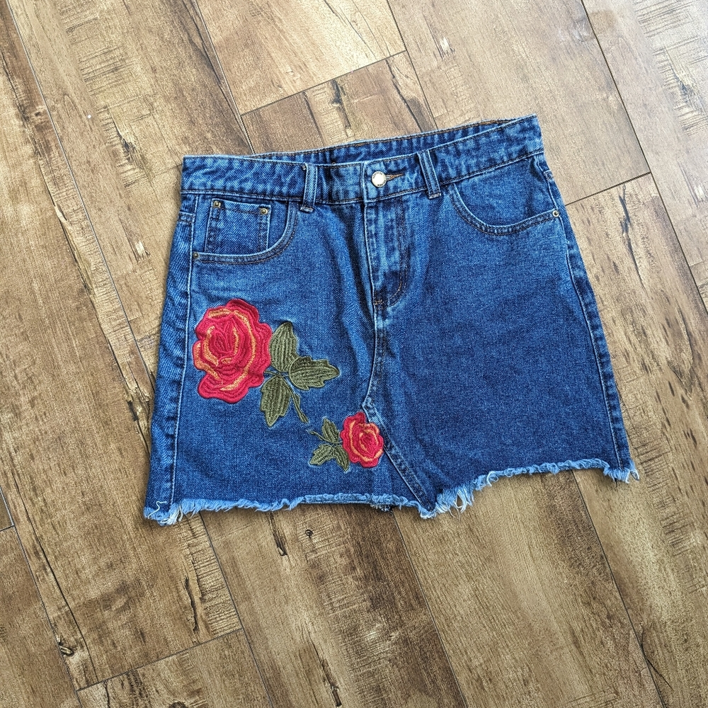 Floral Denim Skirt Size Small, Flower Rose Jean Mini Skirt